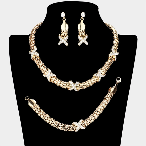 Gold 3 Piece X Crossed Crystal Necklace Jewelry Set Rhinestone Statement Chain - Picture 1 of 5